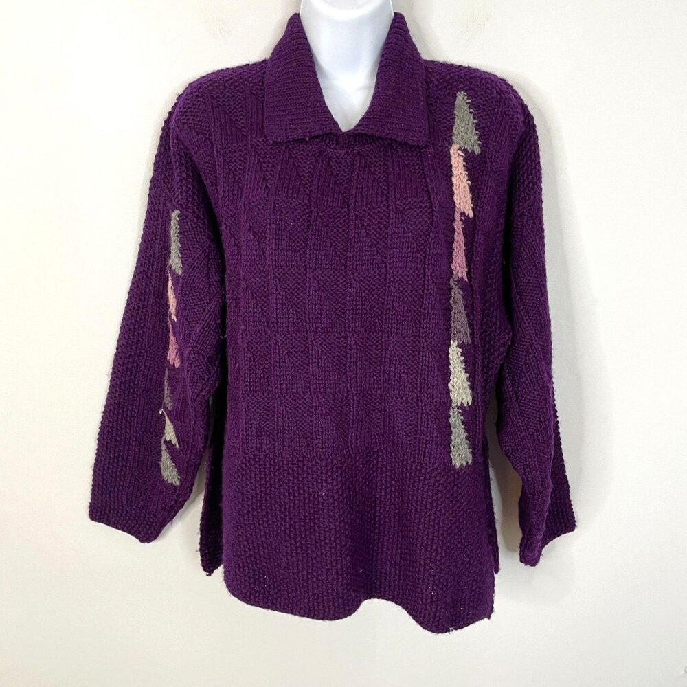 Vintage 90s Womens WOOL Tunic Sweater Size L Purple‎ Chunky Cozy Comfy Colorful